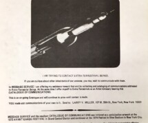 Message Service for Extra Terrestrial Beings, from Avant-Garde Festival at Shea Stadium. Flyer for public solicitation.